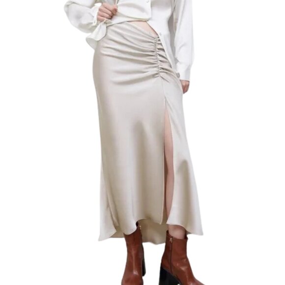 Zara Champagne Beige Ruched Satin-Effect Midi Skirt High Slit Bias Cut Sz Small - Picture 1 of 11
